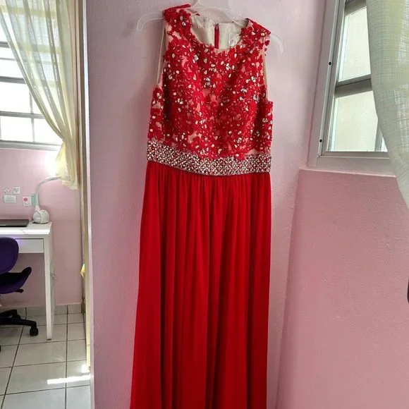 open lace back dress Sleeveless Cherry Red V-Neck Long Prom Dresses